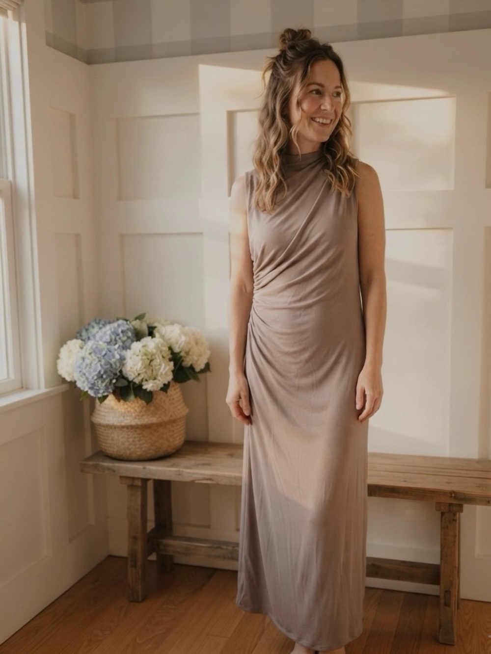 Zara Taupe Formal Rouched Maxi Dress XL